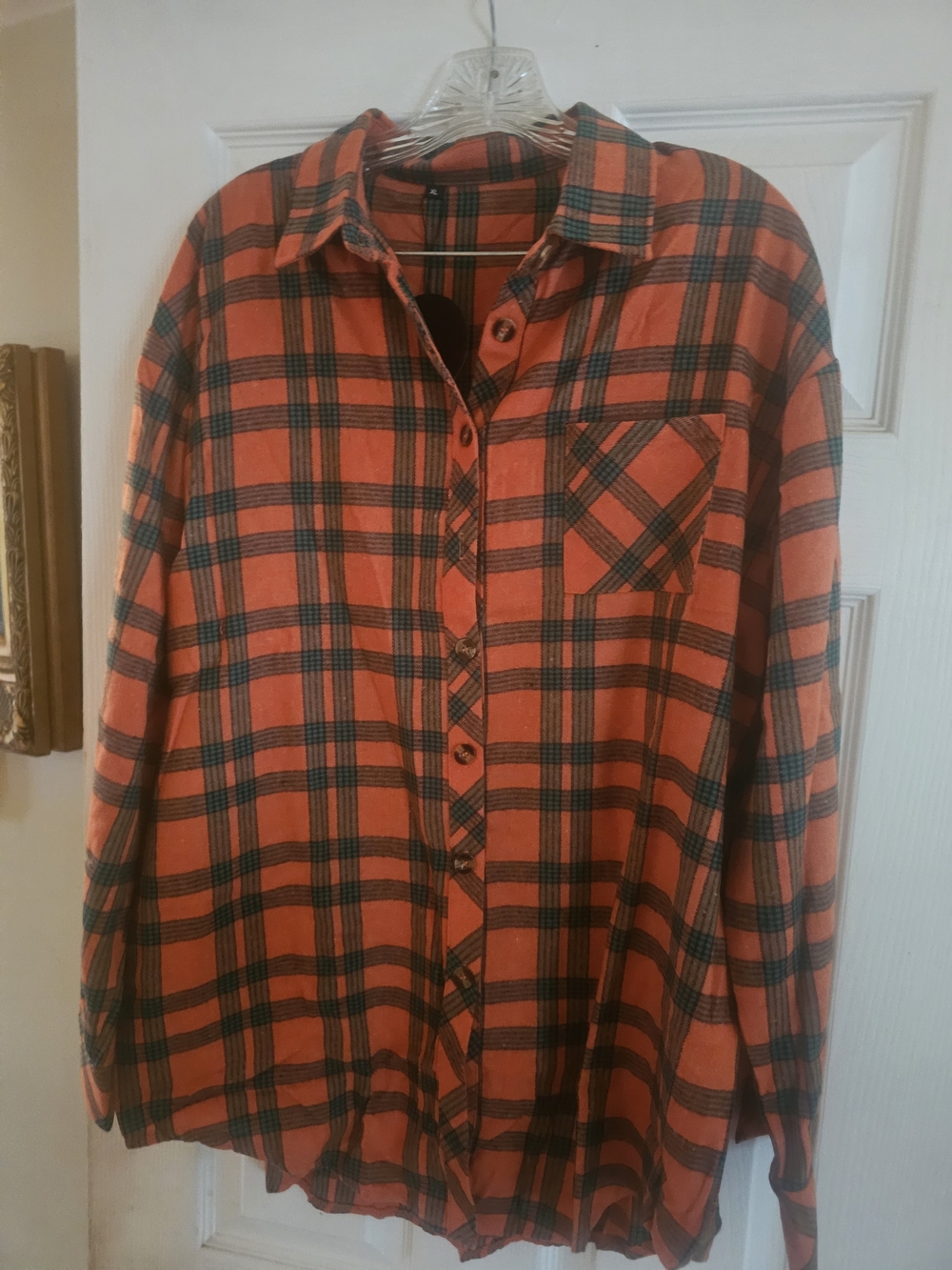 Women's Orange Plaid & Green Button-Up Shirt